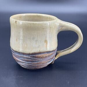 Handmade Artisan Pottery Mug Unique Textured Clay Signed Earthy Neutral Tones